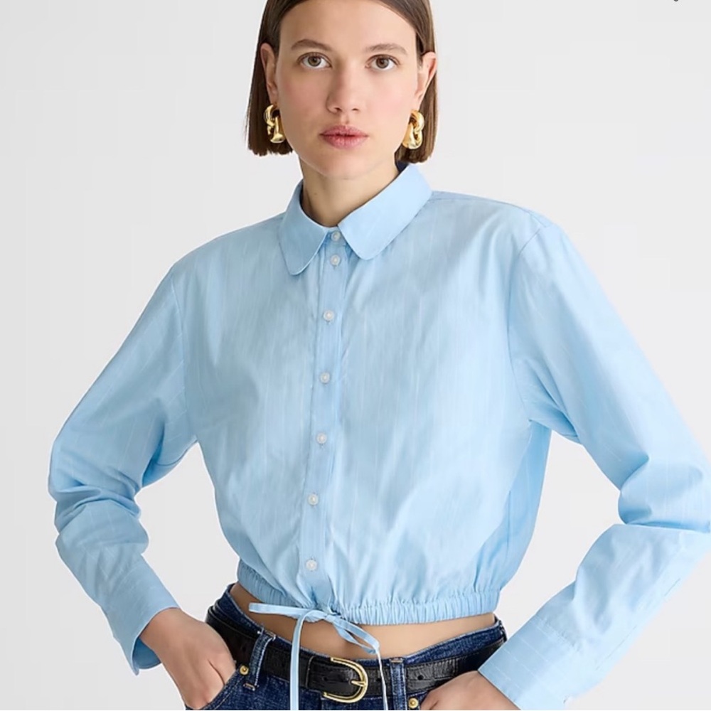 J.Crew Cinched Waist Striped Cropped Blue Button-Up Shirt
